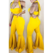 Lovely Trendy Sleeveless Yellow Flared Two-piece P