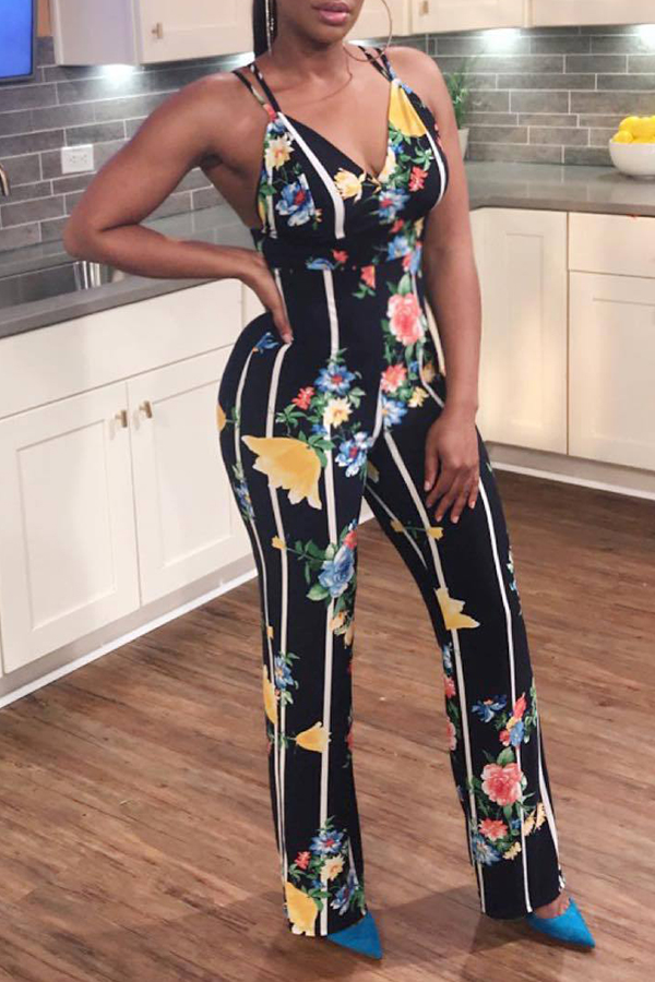 

Lovely Casual Floral Printed Black One-piece Jumpsuit