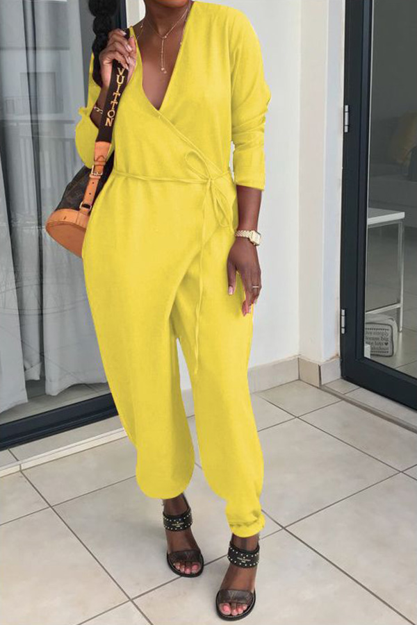 

Lovely Casual V Neck Yellow One-piece Jumpsuit