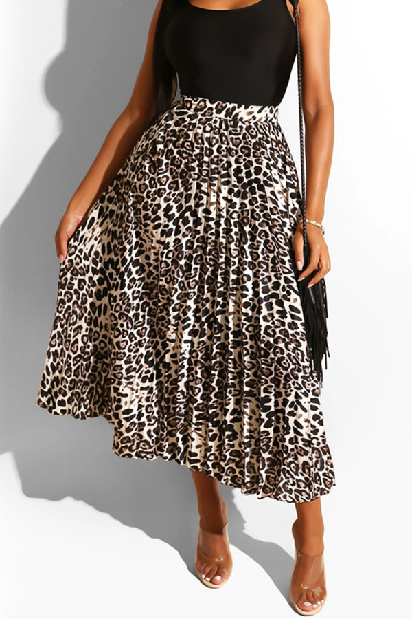 Lovely Trendy Ruffle Design Leopard Printed Mid Calf Skirt