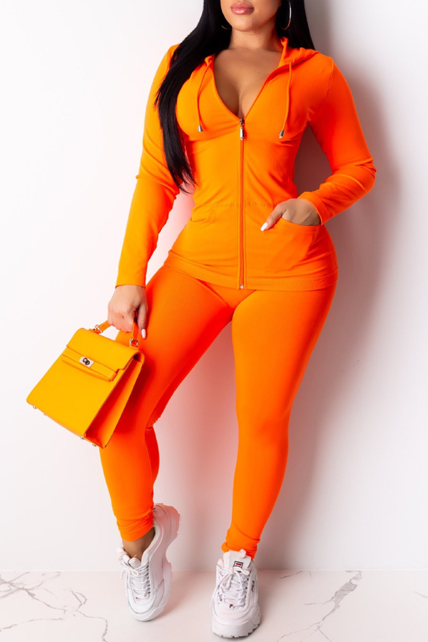 

Lovely Trendy Hooded Collar Zipper Design Orange Two-piece Pants Set(With Elastic
