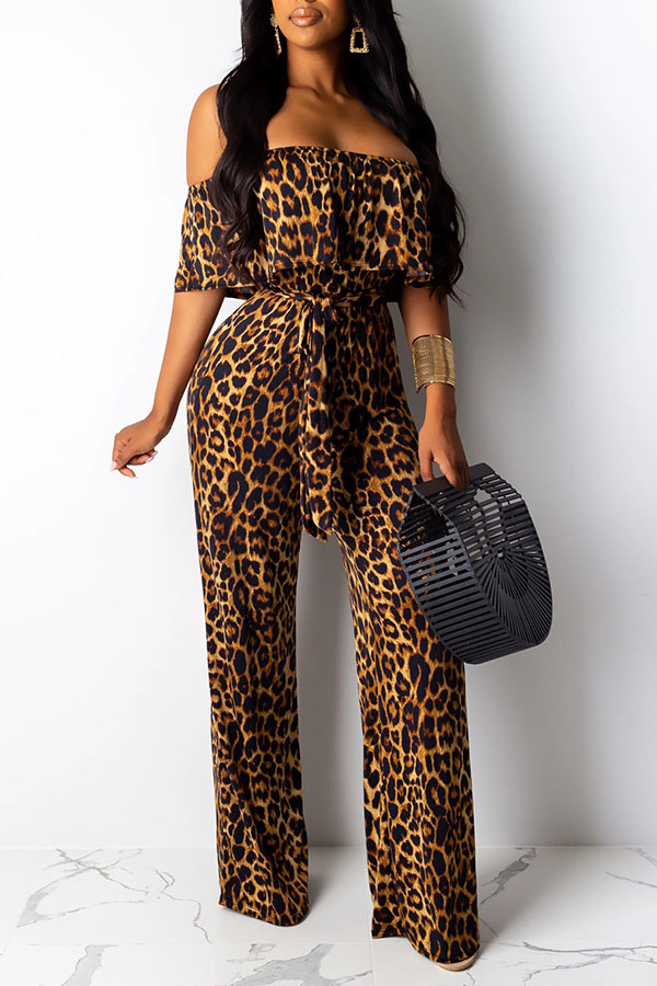 Lovely Work Dew Shoulder Leopard Printed One-piece Jumpsuit