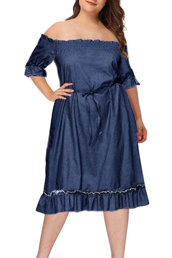 

Lovely Casual Flounce Design Blue Knee Length Plus Size Dress