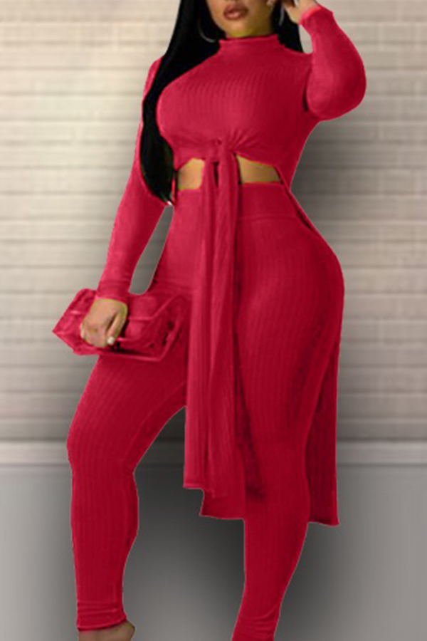 Lovely Leisure Turtleneck Knot Design Wine Red Two-piece Pants Set