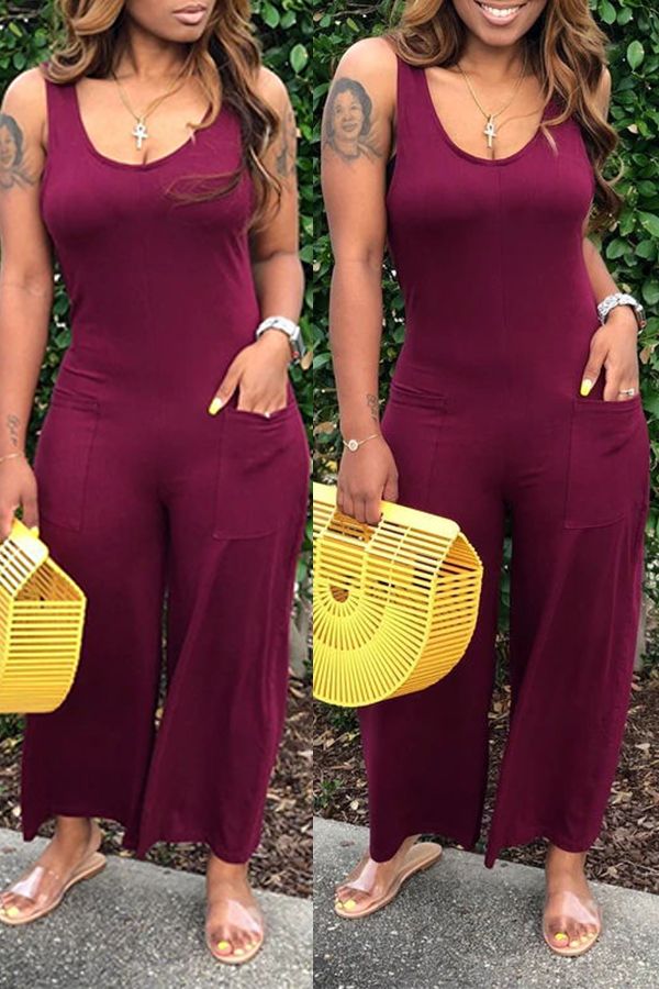 Lovely Lovelywholesale Casual Pocket Patched Wine Red One-piece Jumpsuit