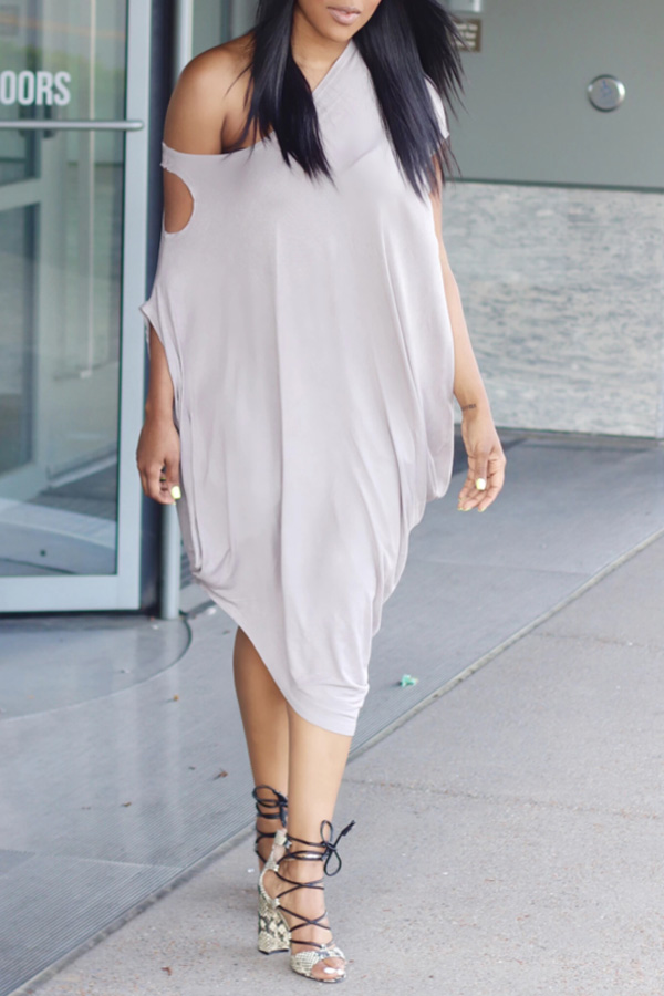 Lovely Casual One Shoulder Hollow-out Brown Dress