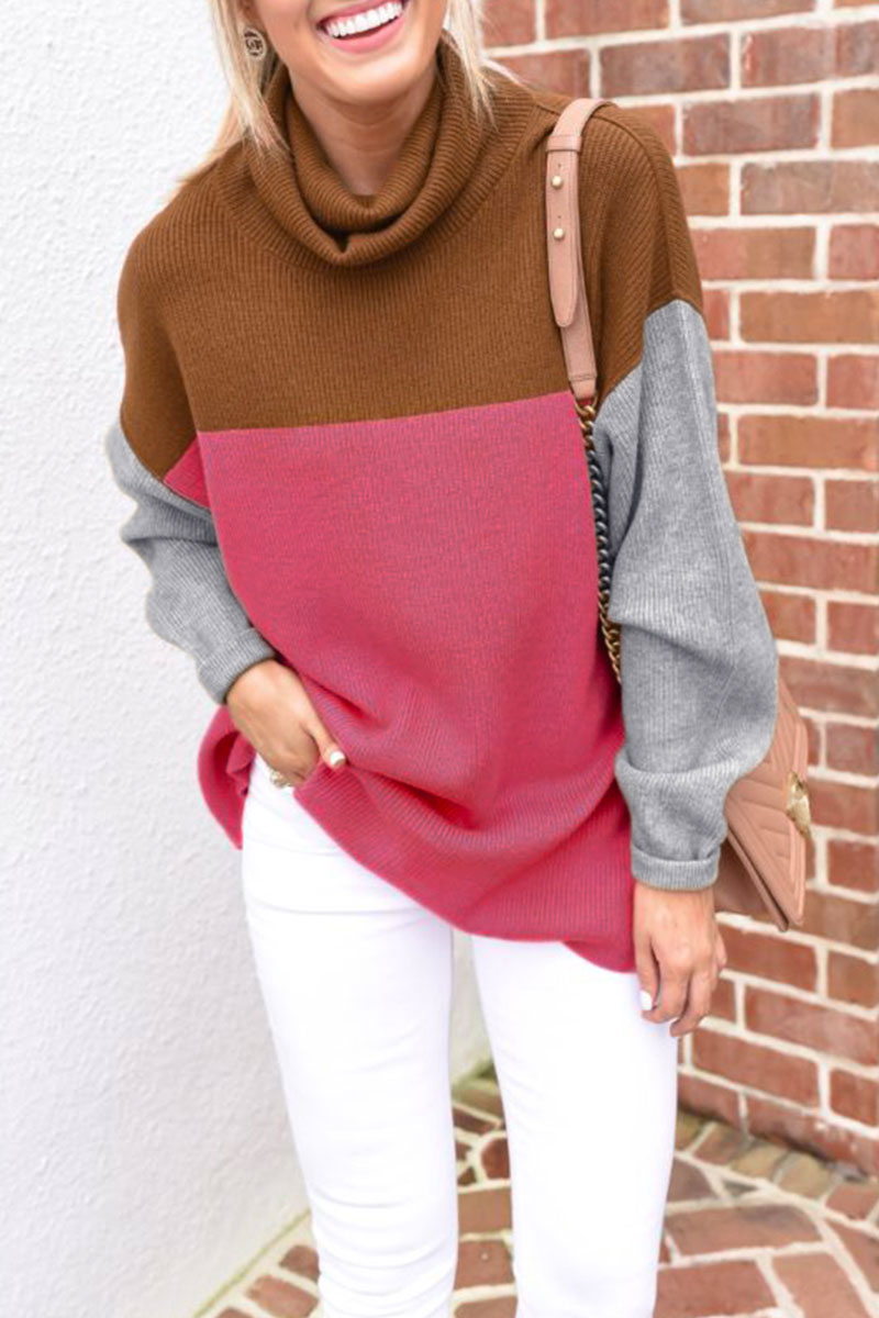 

Lovely Color-lump Patchwork Rose Red Sweater