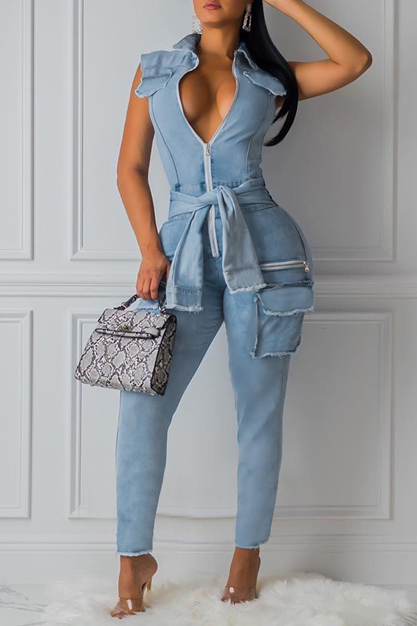 

Lovely Trendy Knot Design Blue One-piece Jumpsuit