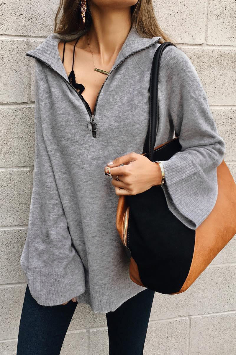 

Lovely Turndown Collar Zipper Grey Sweater