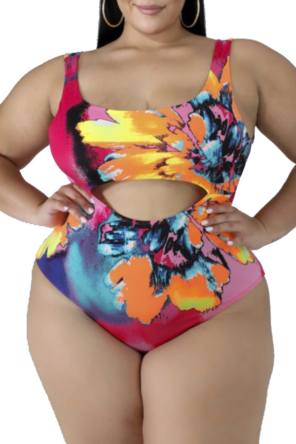 

Lovely Printed Hollow-out Multicolor Plus Size One-piece Swimwear, Multi