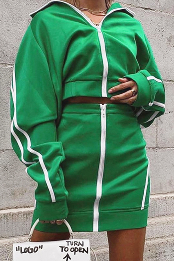 Lovely Sportswear Striped Green Two-piece Skirt Set