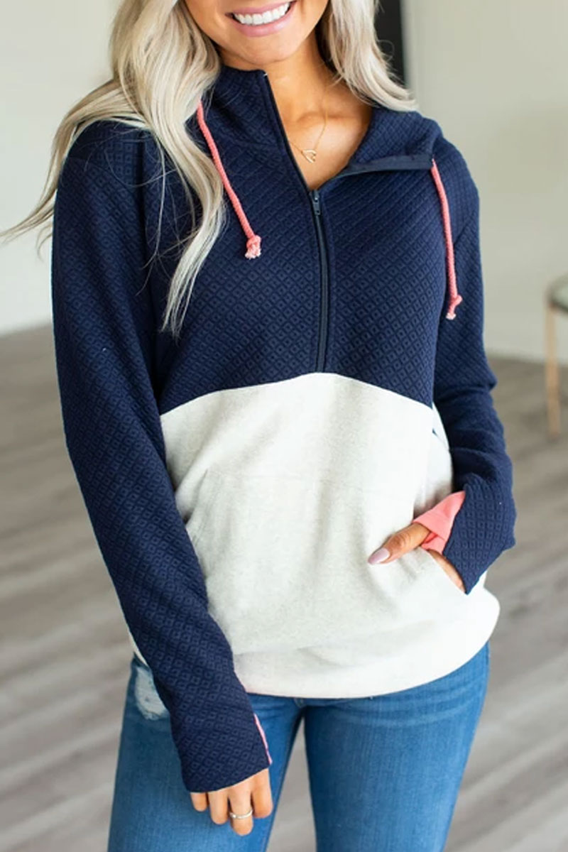 

Lovely Color-lump Patchwork Dark Blue Hoodie