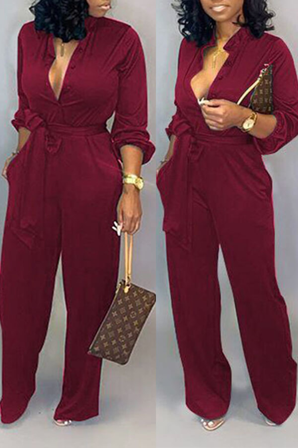 

LW Work Lace-up Loose Wine Red Jumpsuit