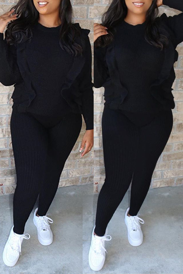 

Lovely Casual O Neck Flounce Design Black Two-piece Pants Set