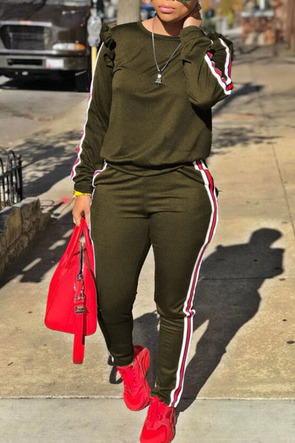 

Lovely Casual Striped Flounce Design Army Green Two-piece Pants Set