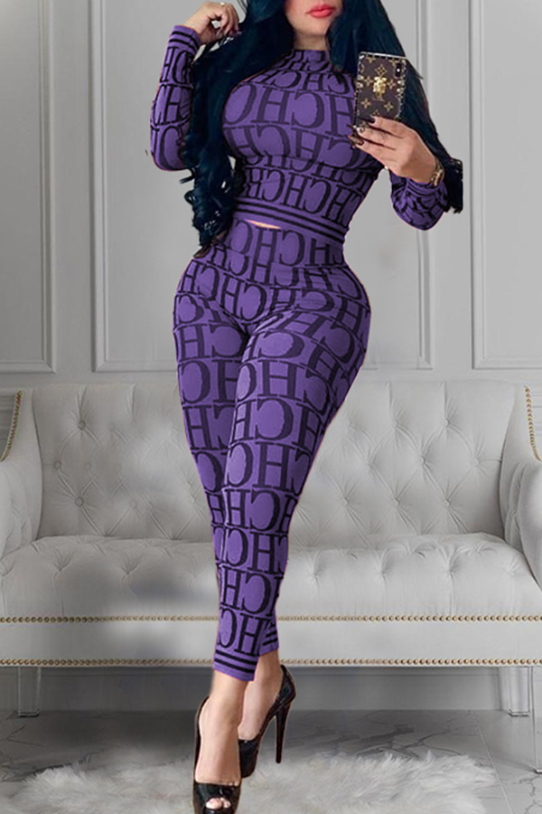 

Lovely Casual Letter Printed Purple Two-piece Pants Set