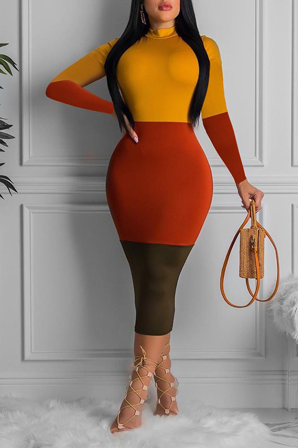 

Lovely Casual Color-lump Patchwork Yellow Mid Calf Dress