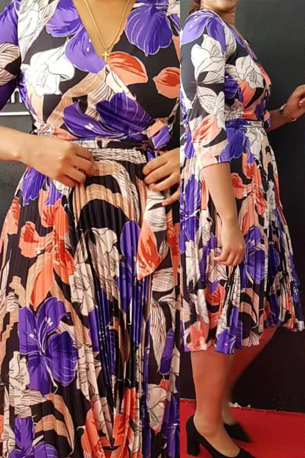 

Lovely Casual V Neck Printed Purple Mid Calf Plus Size Dress