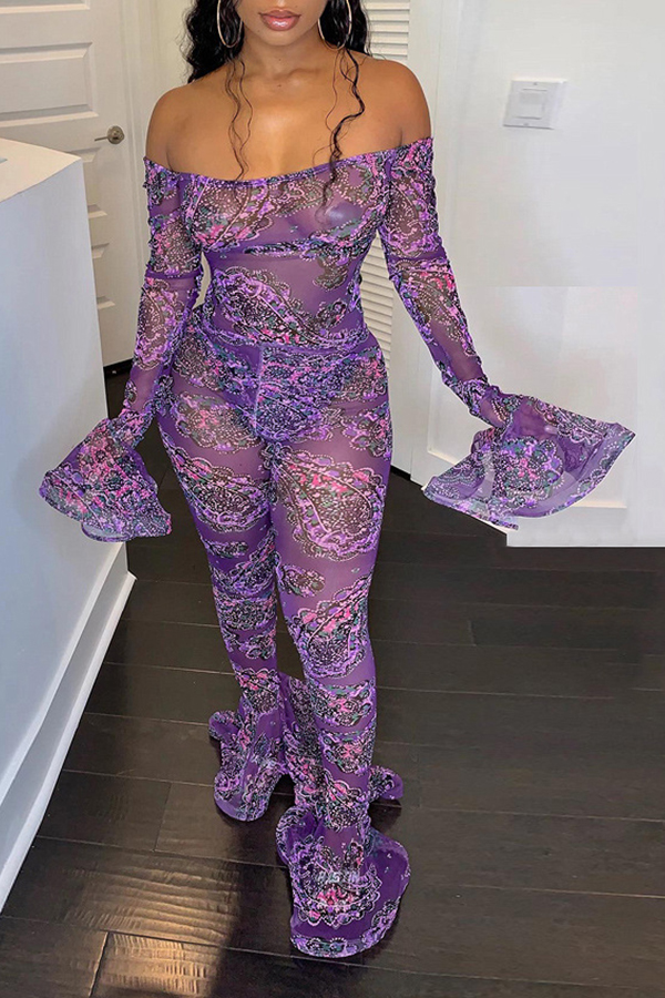 Lovely Sexy Dew Shoulder Purple One-piece Jumpsuit