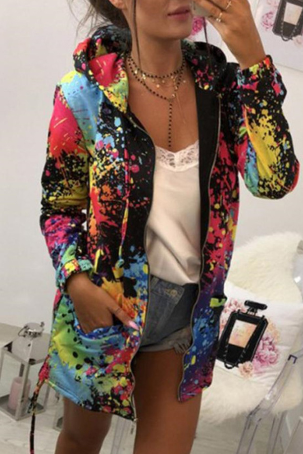 

Lovely Trendy Hooded Collar Printed Black Coat