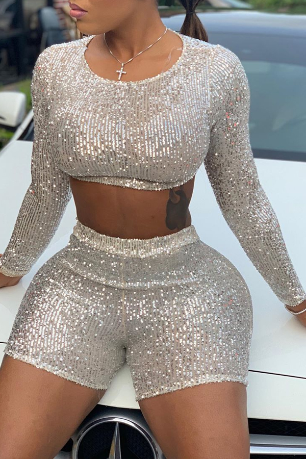 

Lovely Casual O Neck Sequined Beige Two-piece Shorts Set