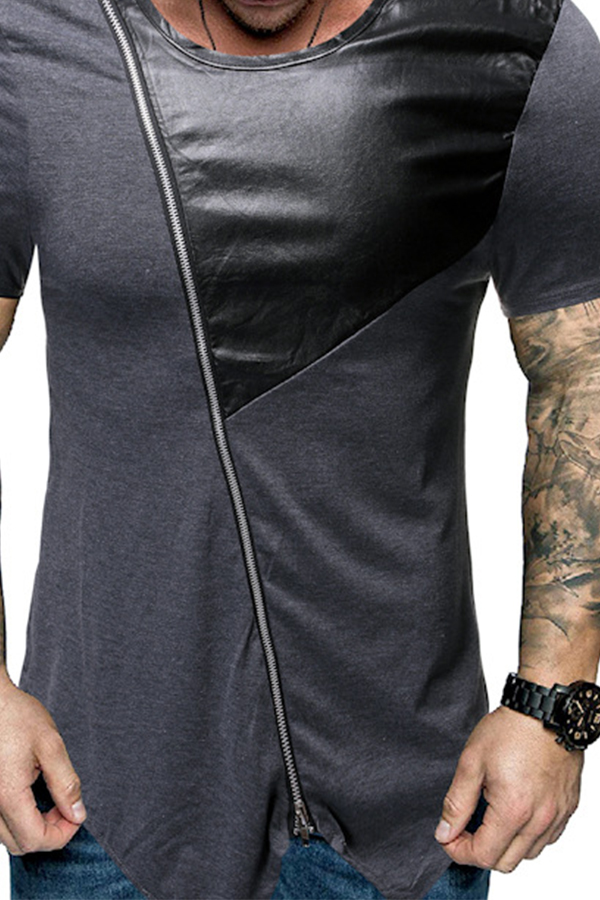 Lovely Casual Patchwork Zipper Design Grey T-shirt