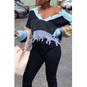 Lovely Casual Tassel Design Color-lump Grey Sweate