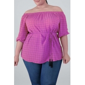 Lovely Casual Plaid Printed Rose Red Plus Size Blo