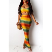 Lovely Casual Sleeveless Printed Yellow Two-piece 