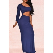 Lovely Sexy One Shoulder Blue Ankle Length Dress