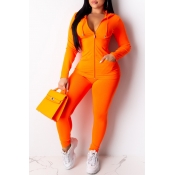 Lovely Trendy Hooded Collar Zipper Design Orange T