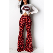Lovely Casual Leopard Printed Red Two-piece Pants 