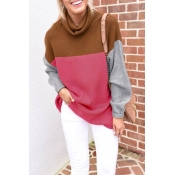 Lovely Color-lump Patchwork Rose Red Sweater