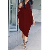 Lovely Casual One Shoulder Hollow-out Purplish Red