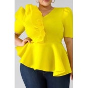 Lovely Casual V Neck Flounce Design Yellow Plus Si