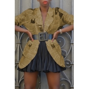 Lovely Casual Printed Yellow Coat(Without Belt)