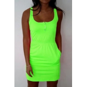 Lovely Casual U Neck Pockets Design Green Mini Dre