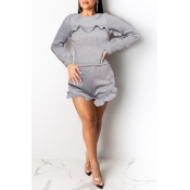 Lovely Sweet Flounce Design Grey Two-piece Shorts 