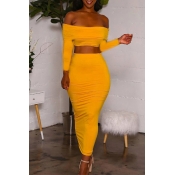 Lovely Casual Dew Shoulder Yellow Two-piece Skirt 