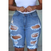 Lovely Trendy Broken Holes Baby Blue Shorts