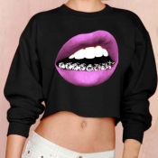 Lovely Casual Lip Printed Black Sweatshirt Hoodie