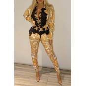 Lovely Chic Turndown Collar Printed Gold Two-piece