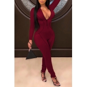 Lovely Casual Zipper Design Wine Red One-piece Jum