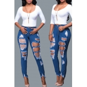 Lovely Leisure Broken Holes Deep Blue Jeans