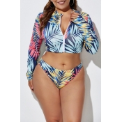 Lovely Printed Zipper Design Blue Plus Size Two-pi