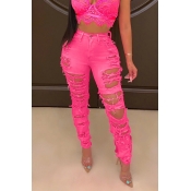 Lovely Casual Broken Holes Rose Red Pants