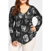 Lovely Casual V Neck Printed Black Plus Size Blous