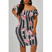 Lovely Casual Off The Shoulder Printed Black Knee 