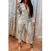 Lovely Casual Turndown Collar Plaid Printed Grey T