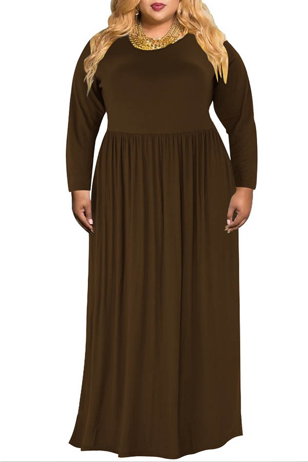 

Lovely Casual O Neck Loose Coffee Floor Length Plus Size Dress